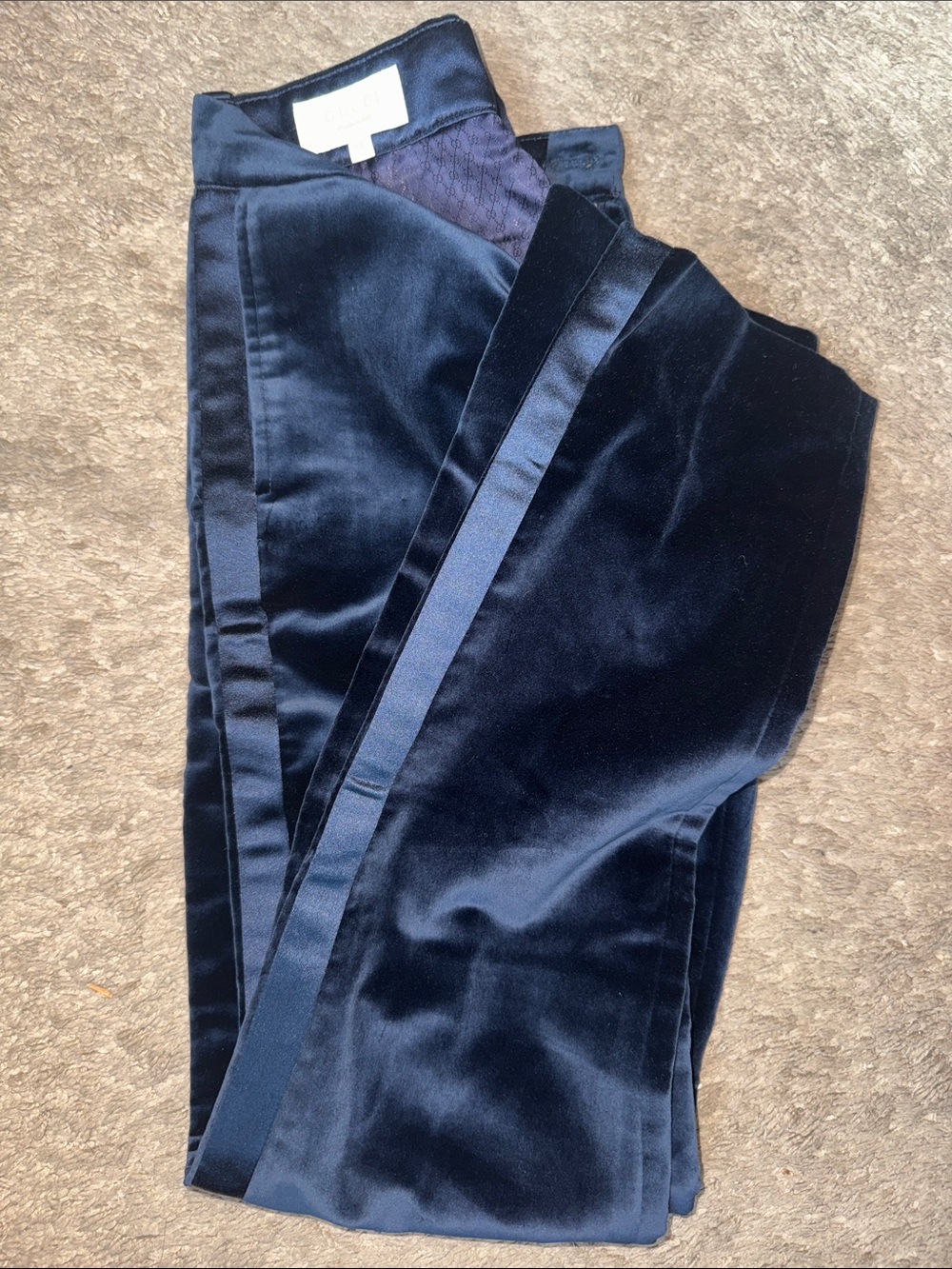 Boys Navy Corduroy Tuxedo Pants with Satin Stripe